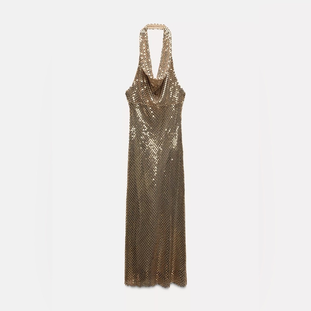 Zara Elegant Gold Sequin Gown halter plunge neck maxi bodycon evening dress - Picture 8 of 10